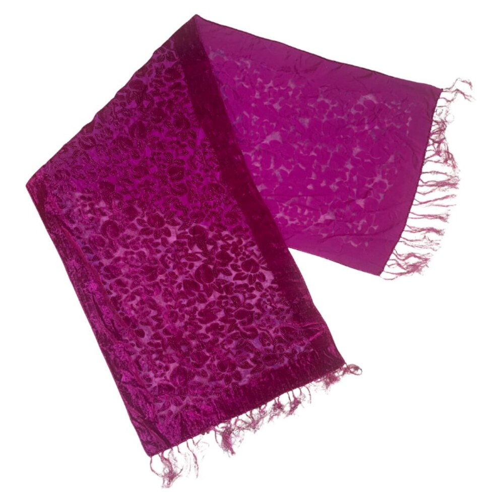 Tiffany's silk magenta velvet burnout embellished scarf / wrap